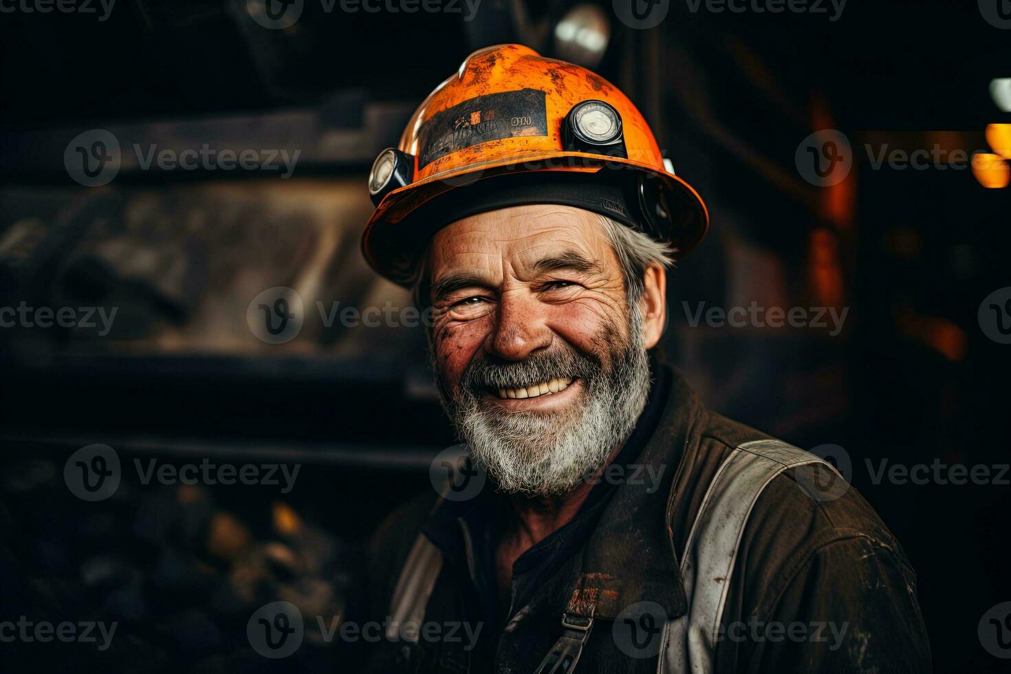 ai generiert Porträt von ein lächelnd alt grau behaart Kohle Bergwerk Arbeiter auf ein verschwommen Hintergrund von das Arbeit Bereich foto