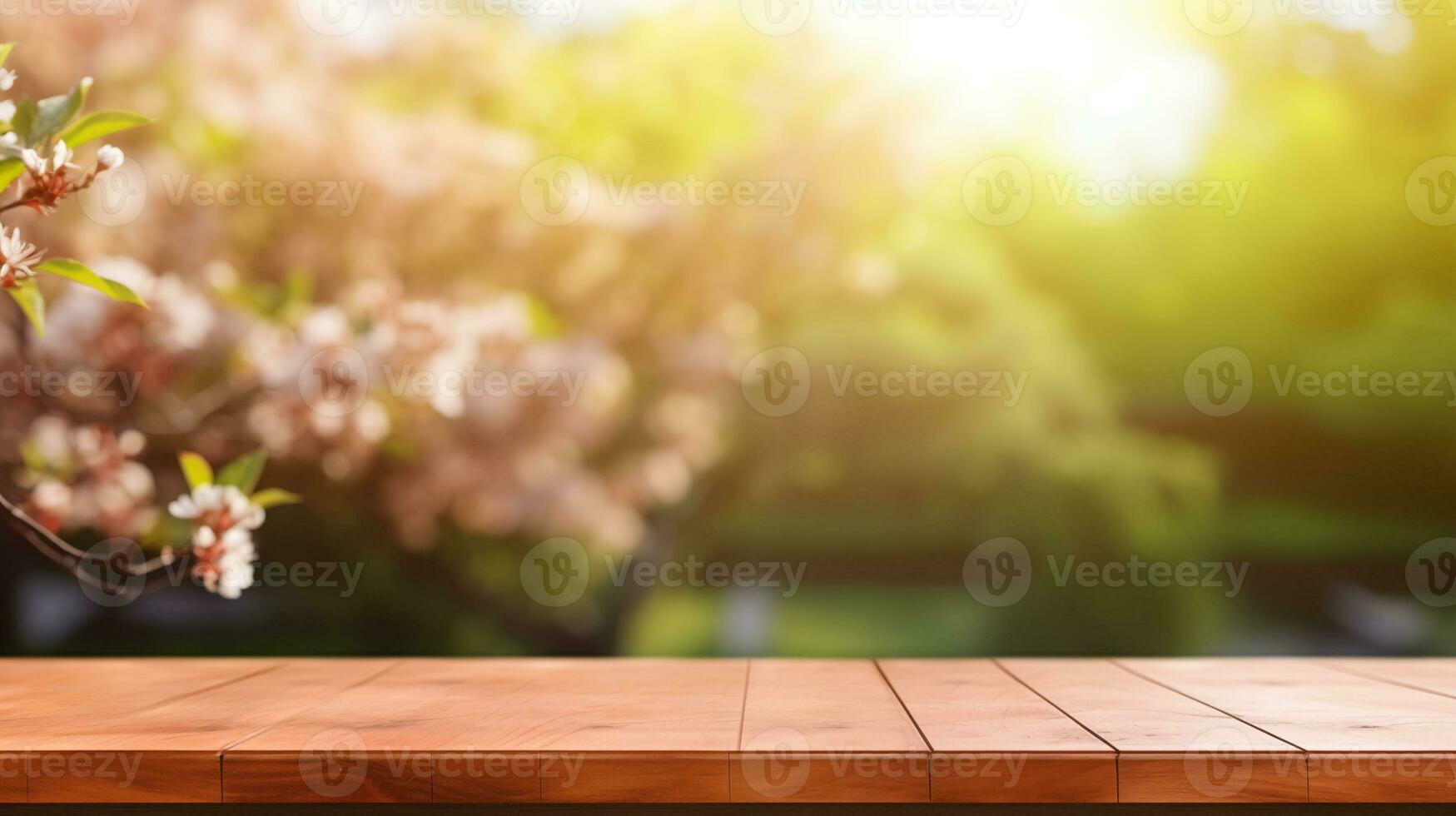 ai generiert das leeren hölzern braun Tabelle oben mit Bäume im Blühen und defokussiert sonnig Garten im Hintergrund foto