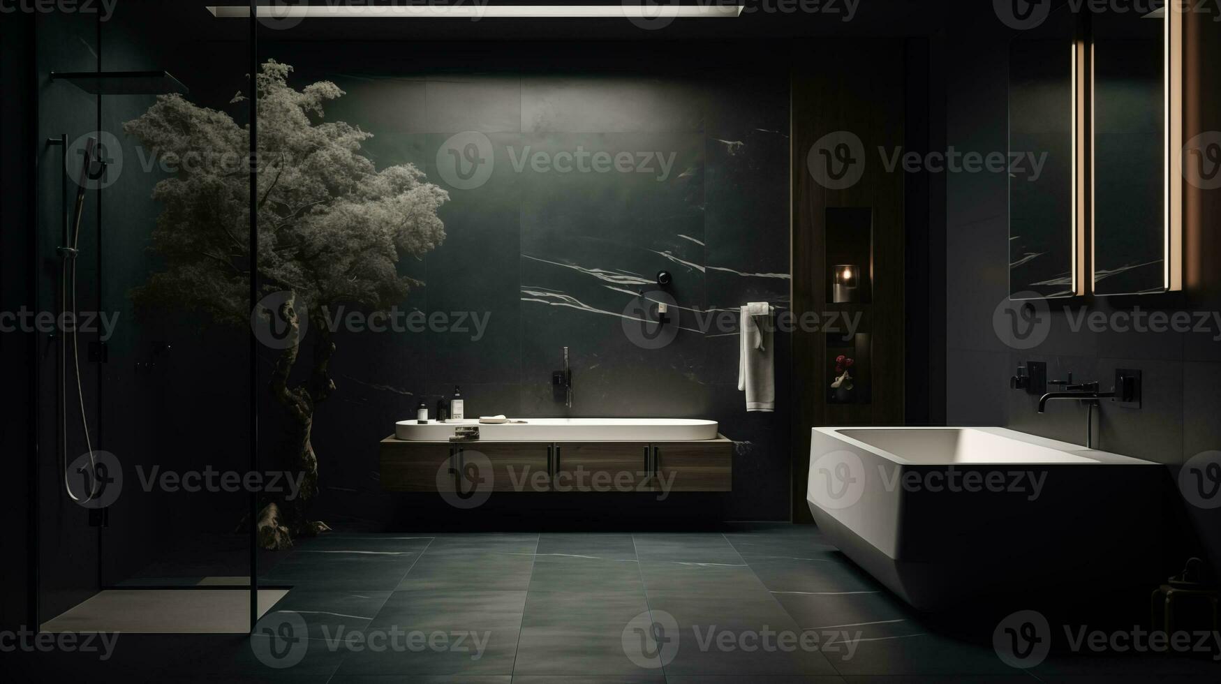 ai generiert ein dunkel minimalistisch Badezimmer mit ein glatt Badezimmer foto