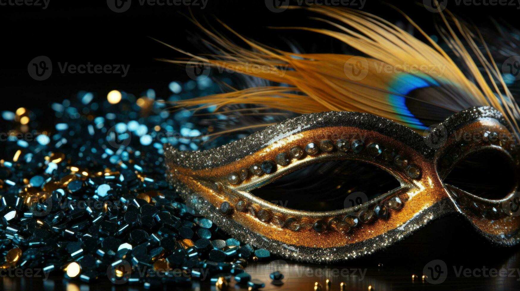 ai generiert elegant venezianisch Maske inmitten Blau Gefieder und golden Perlen foto
