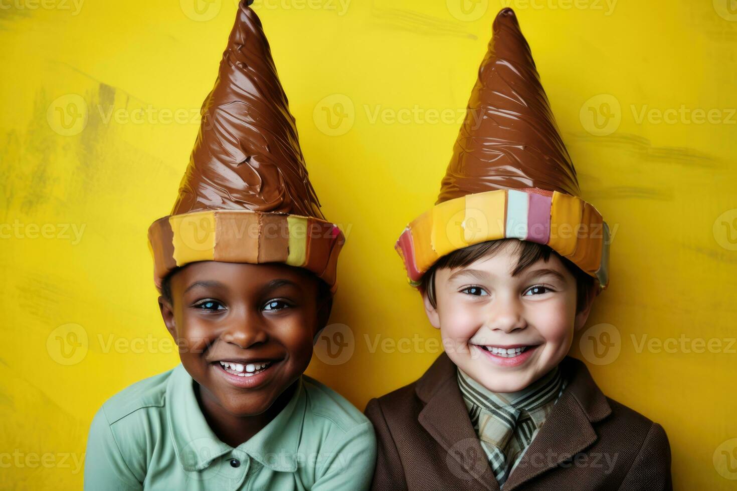 ai generiert zwei Kinder tragen dumm Hüte und lächelnd beim das Kamera foto