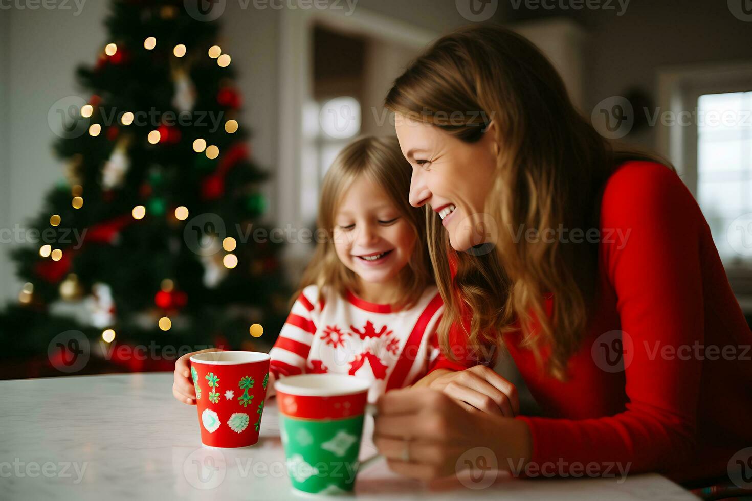 ai generiert Mutter und Tochter verbringen ein gemütlich Tag zusammen im das Leben Zimmer dekoriert mit Weihnachten Dekor. Familie Trinken ein heiß trinken und haben Spaß foto