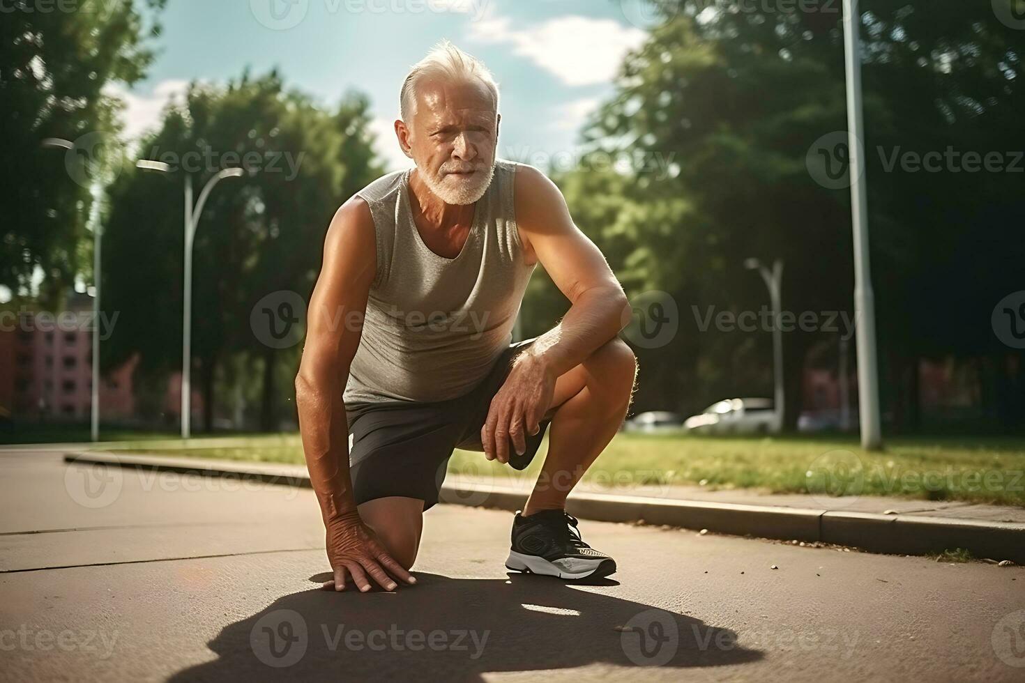 ai generiert ein Alten Mann im das Park gestoppt zu sich ausruhen während Joggen. foto