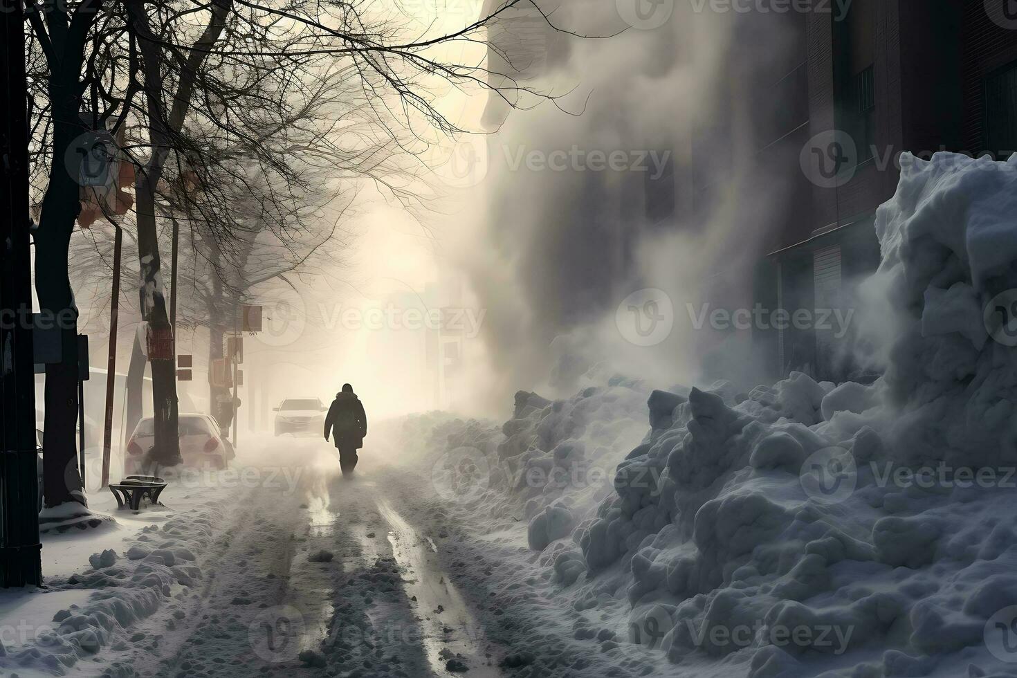 ai generiert Schnee Sturm und Schneeverwehungen im das Stadt. gefährlich Wetter Bedingungen foto