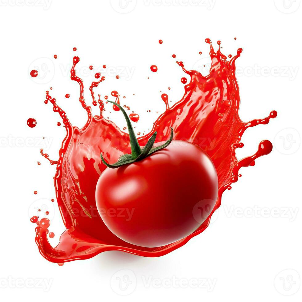 ai generiert rot Saft Spritzen auf ein Weiß Hintergrund. abstrakt hell spritzt Nahansicht. Strudel Welle von Tomate Saft mit Tropfen von ein fallen reif Tomate. foto