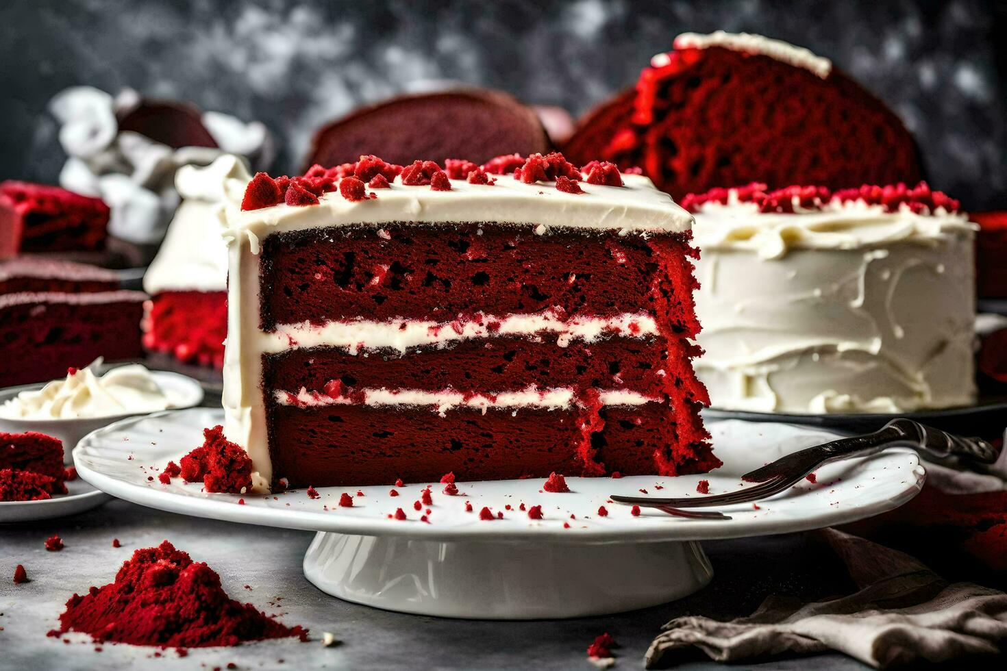ai generiert ein Stück von rot Samt Kuchen auf ein Teller foto