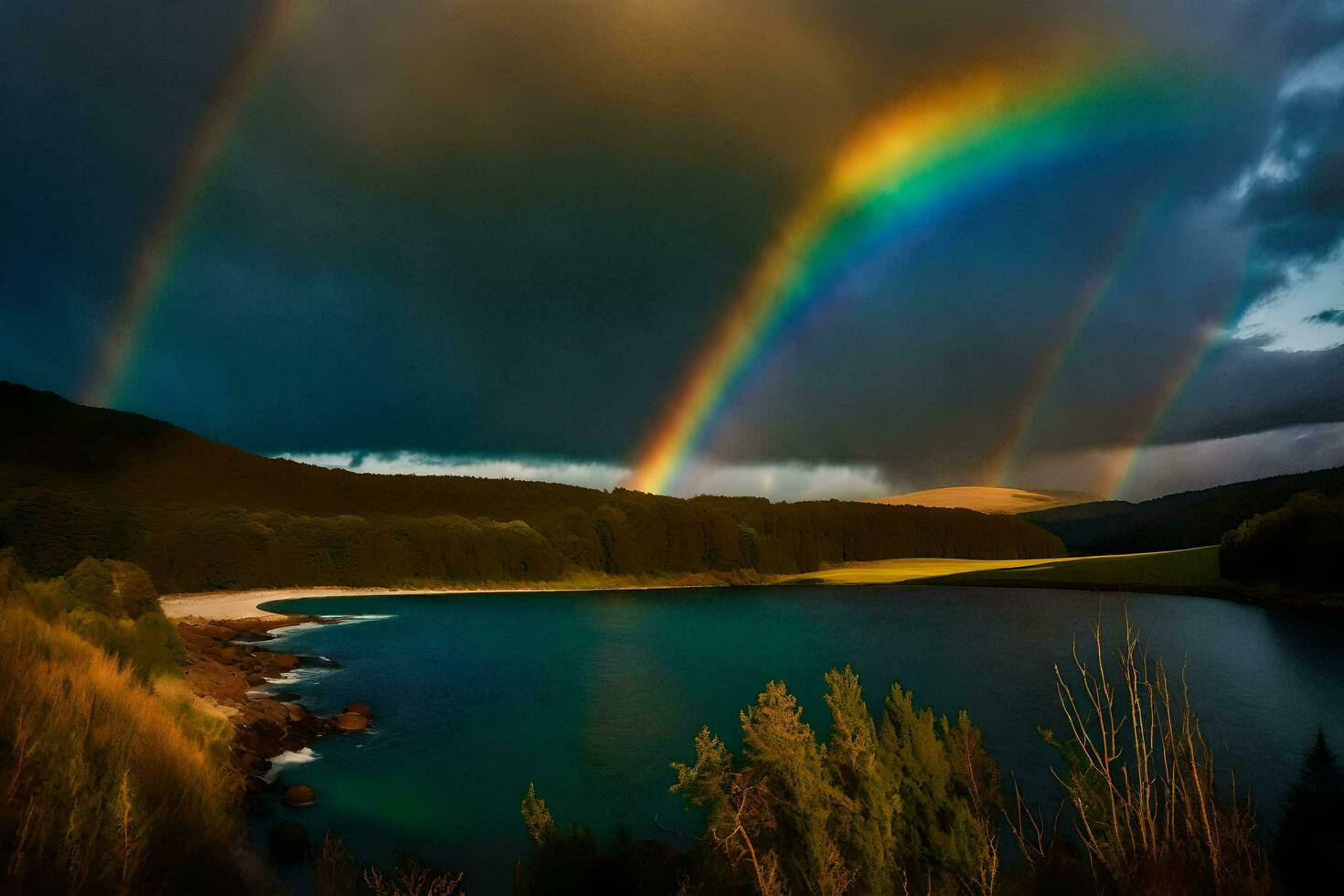 ai generiert ein Regenbogen Über ein See und Berge foto