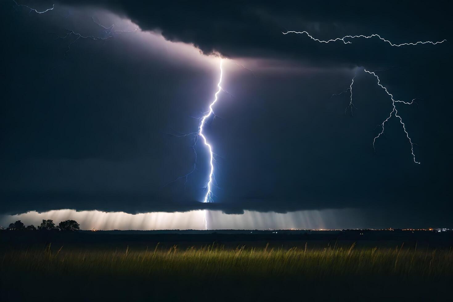 ai generiert Blitz Streiks Über ein Feld im das dunkel foto