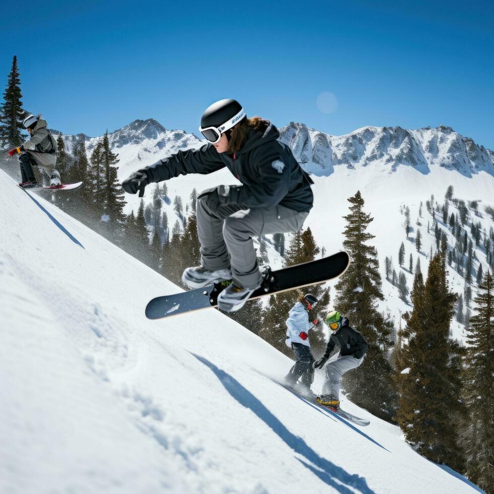 ai generiert ein Snowboarder durchführen ein stilvoll greifen Trick während Reiten Nieder ein Berg foto