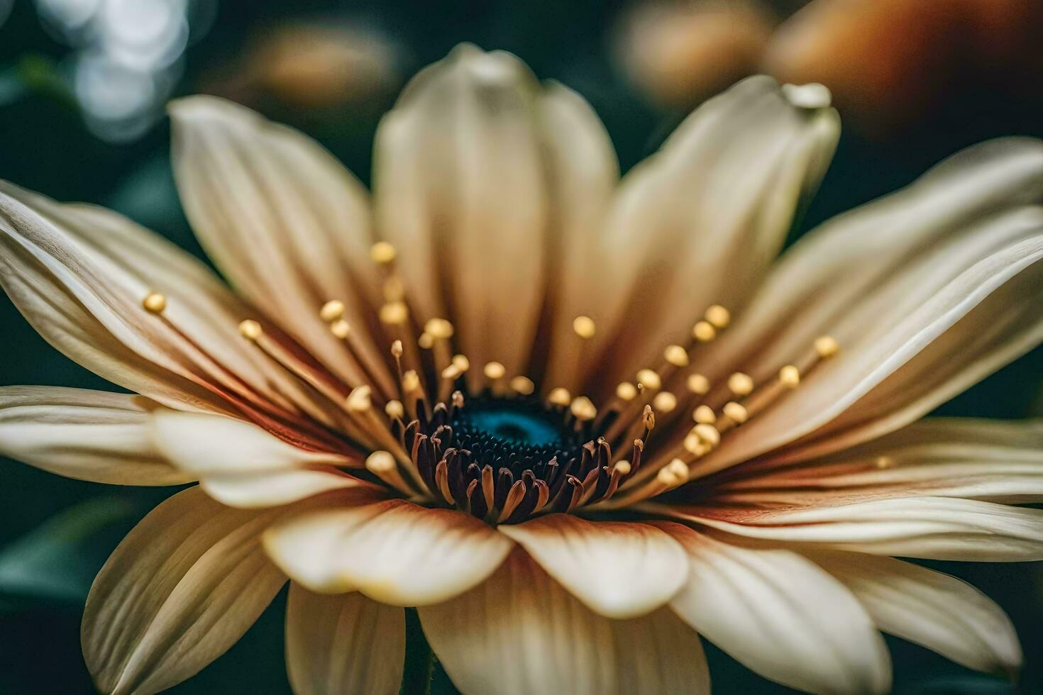 ai generiert ein schließen oben von ein Blume mit ein Blau Auge foto