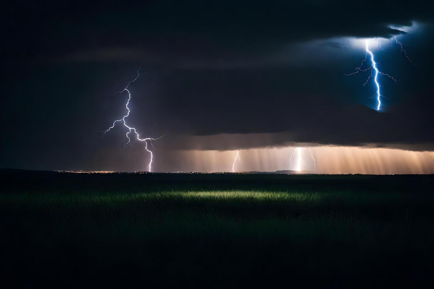 ai generiert Blitz Streiks Über ein Feld im das dunkel foto