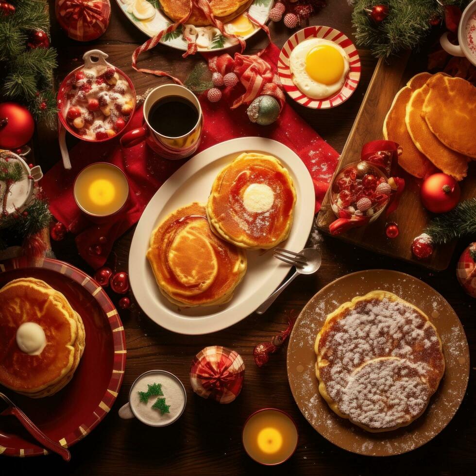 ai generiert Tabelle einstellen mit weihnachtlich gestaltet Geschirr, einschließlich Pfannkuchen, Eier, Speck, und heiß Kakao. foto