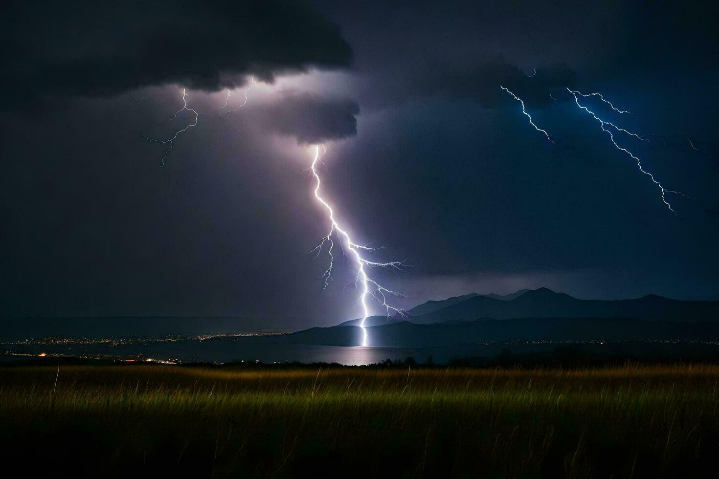 ai generiert Blitz Streiks Über ein Feld und Berge foto