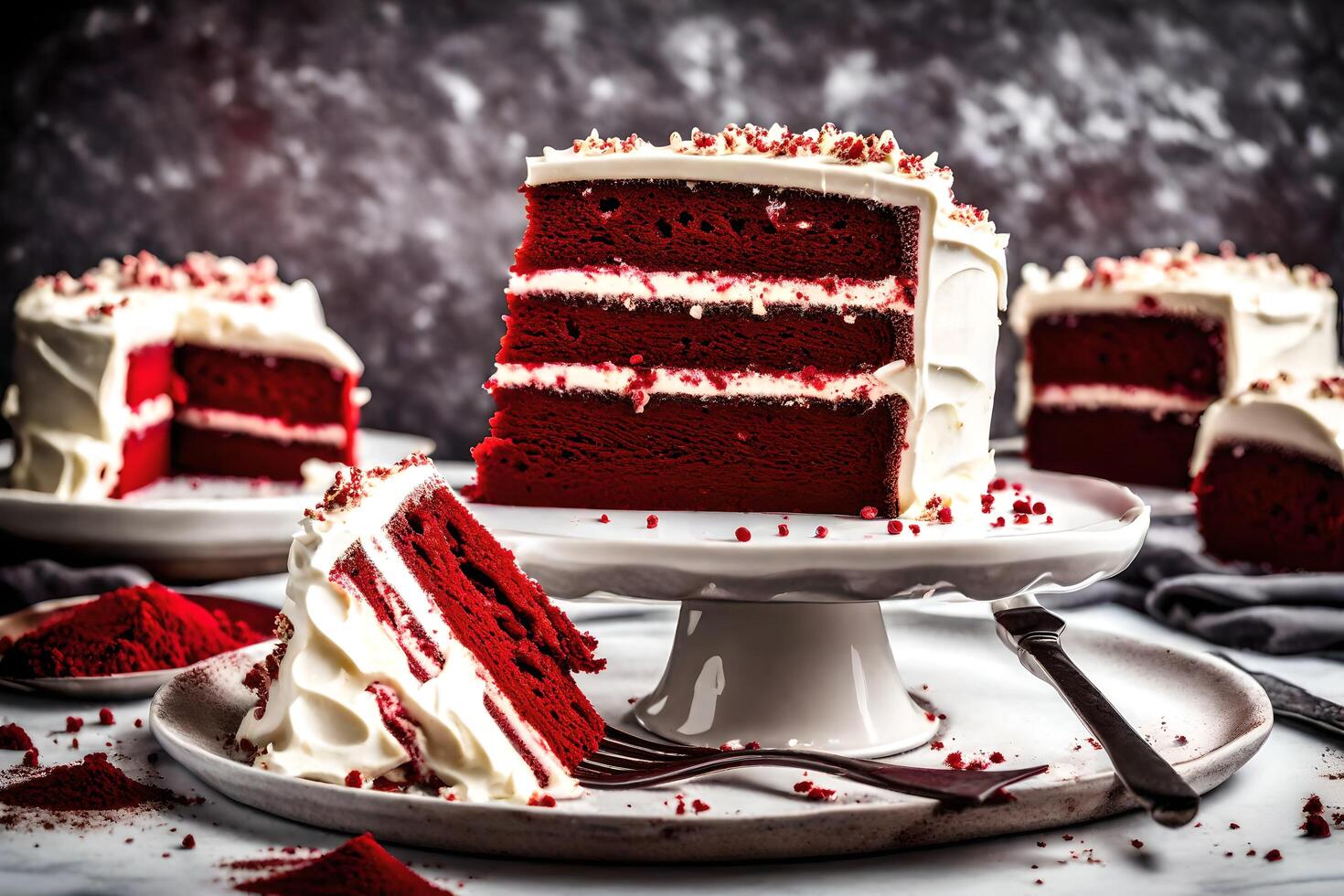 ai generiert ein Scheibe von rot Samt Kuchen auf ein Teller foto