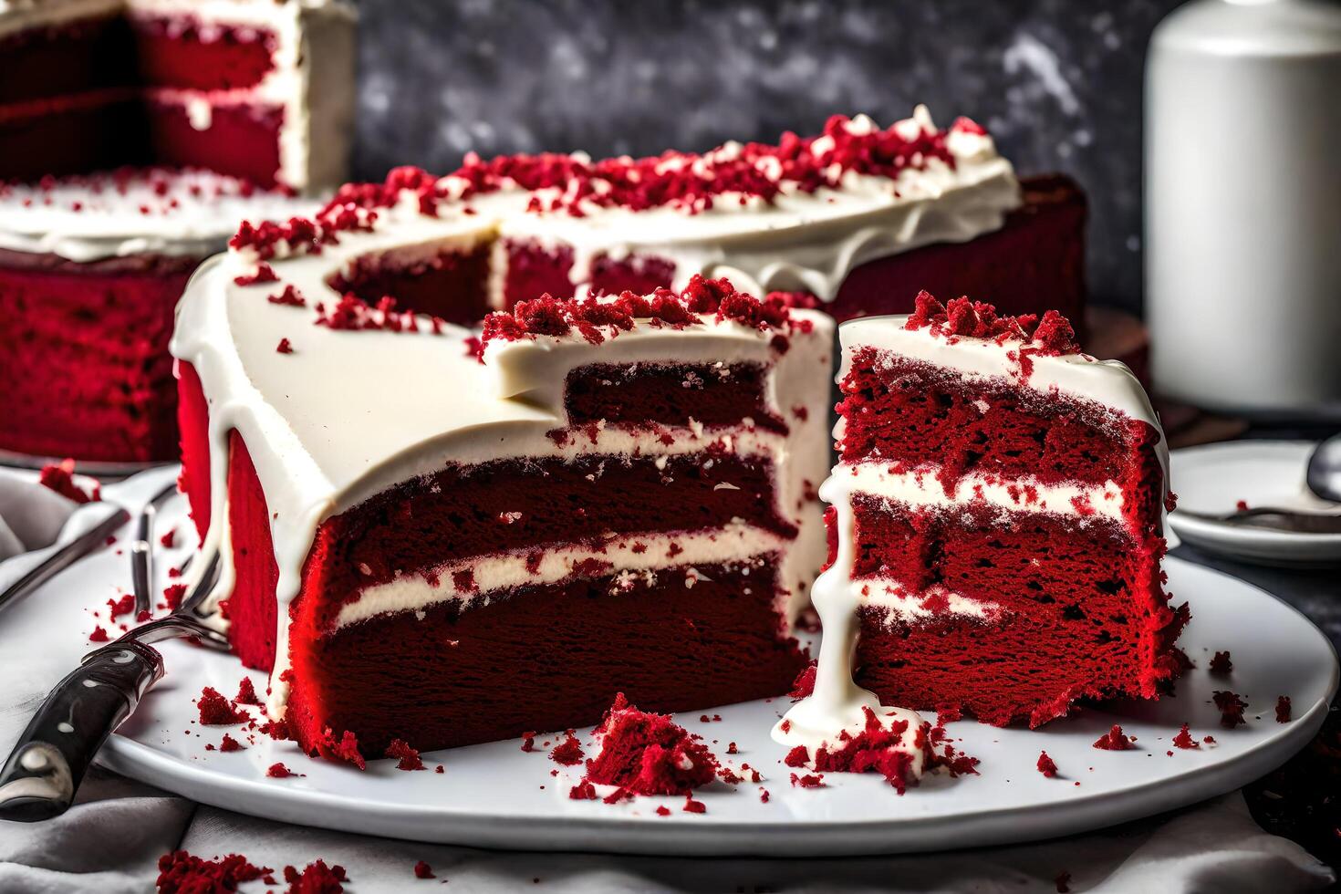 ai generiert ein Stück von rot Samt Kuchen mit ein Scheibe genommen aus foto