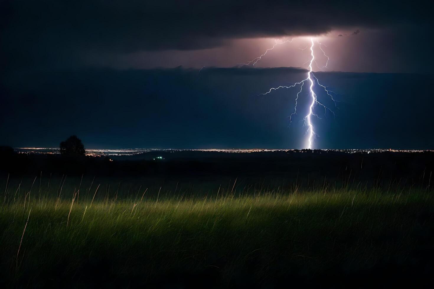 ai generiert ein Blitz Bolzen ist gesehen Über ein Feld mit Gras foto