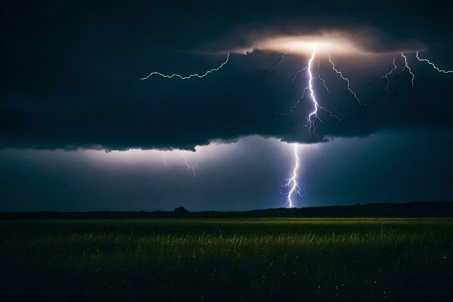 ai generiert Blitz Streiks Über ein Feld im das dunkel foto