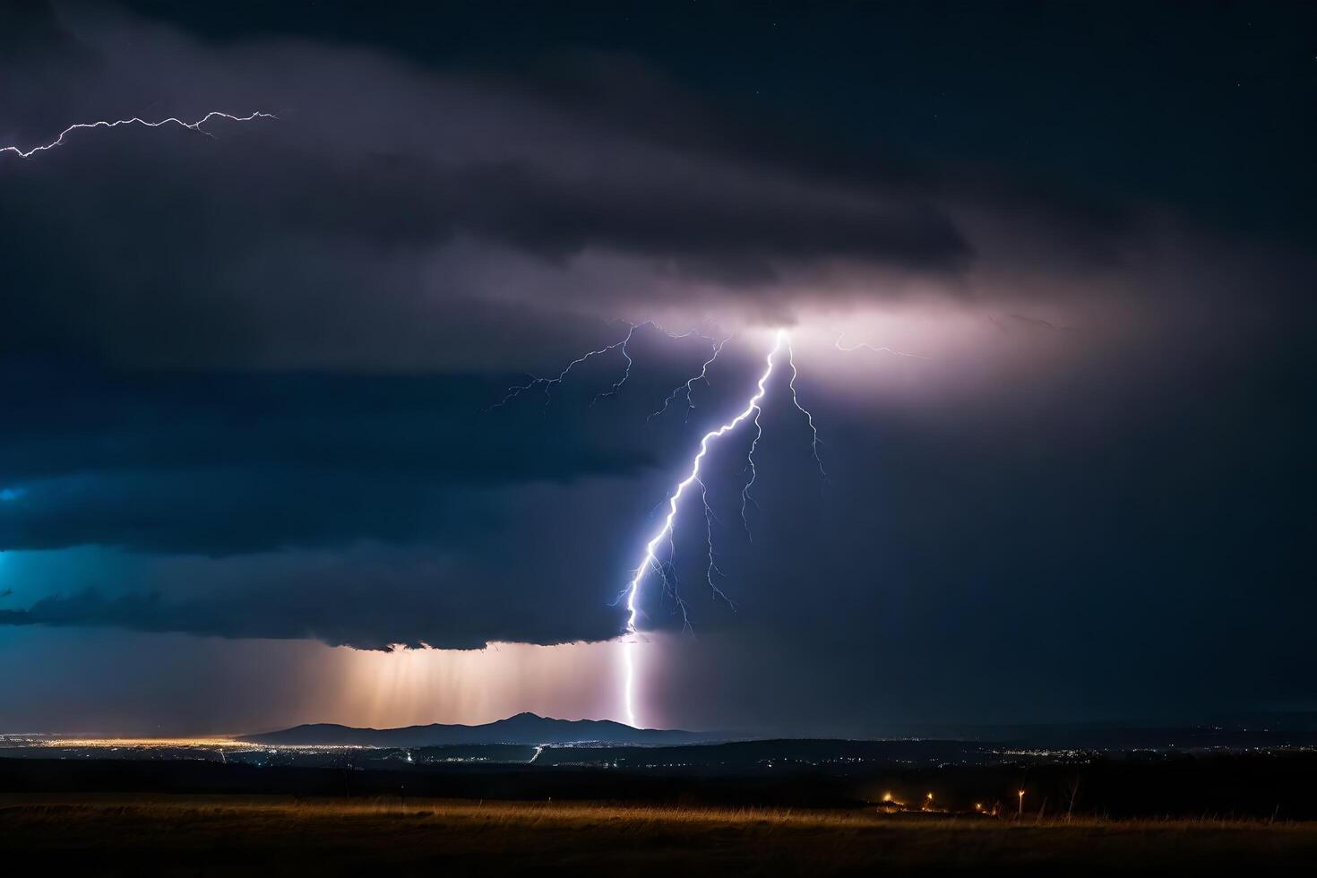 ai generiert Blitz Streiks Über ein Feld beim Nacht foto