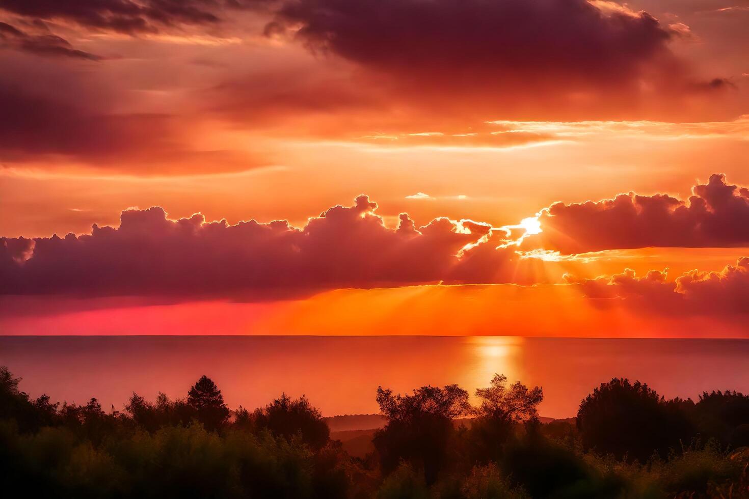 ai generiert das Sonne setzt Über das Ozean und Wolken foto