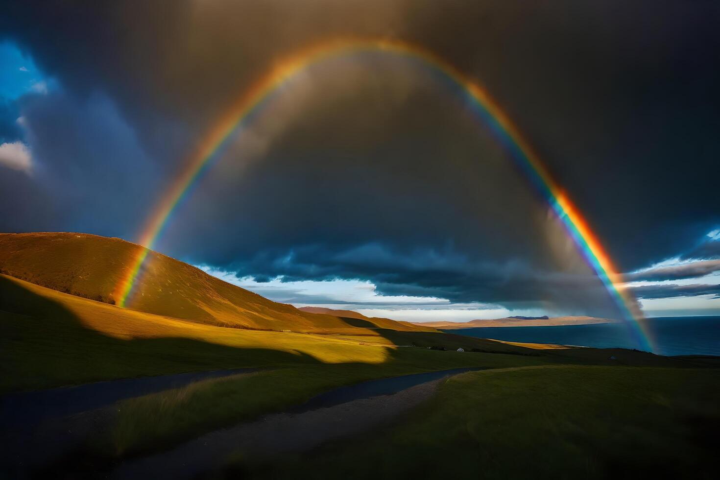 ai generiert ein Regenbogen Über das Ozean und ein Straße foto