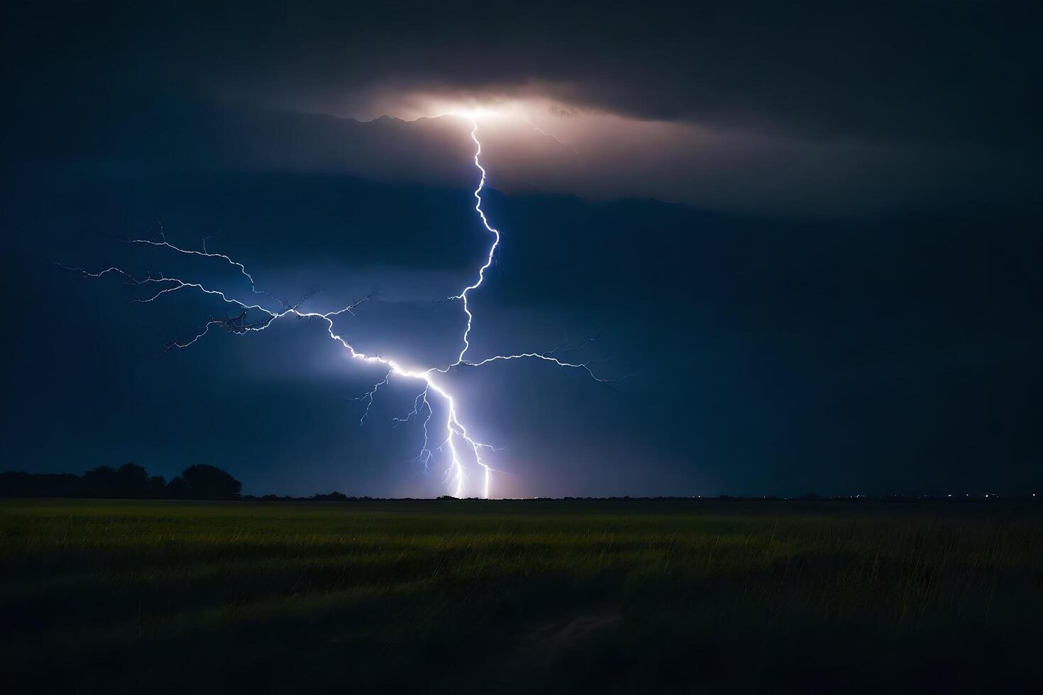 ai generiert Blitz Streiks Über ein Feld im das dunkel foto