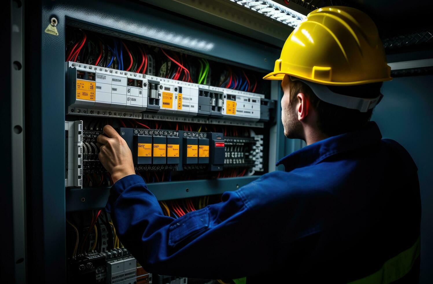 ai generiert elektrisch Arbeiter halten Schalter Panel im ein elektrisch Panel foto