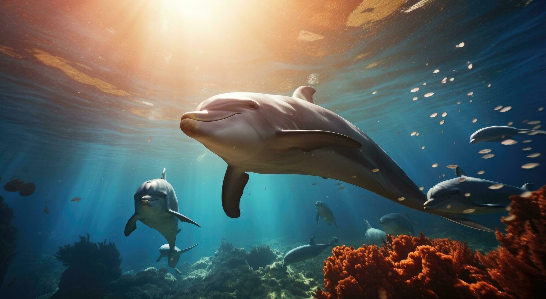 ai generiert Delfin und Delfine Schwimmen im das Ozean mit Sonne aus foto