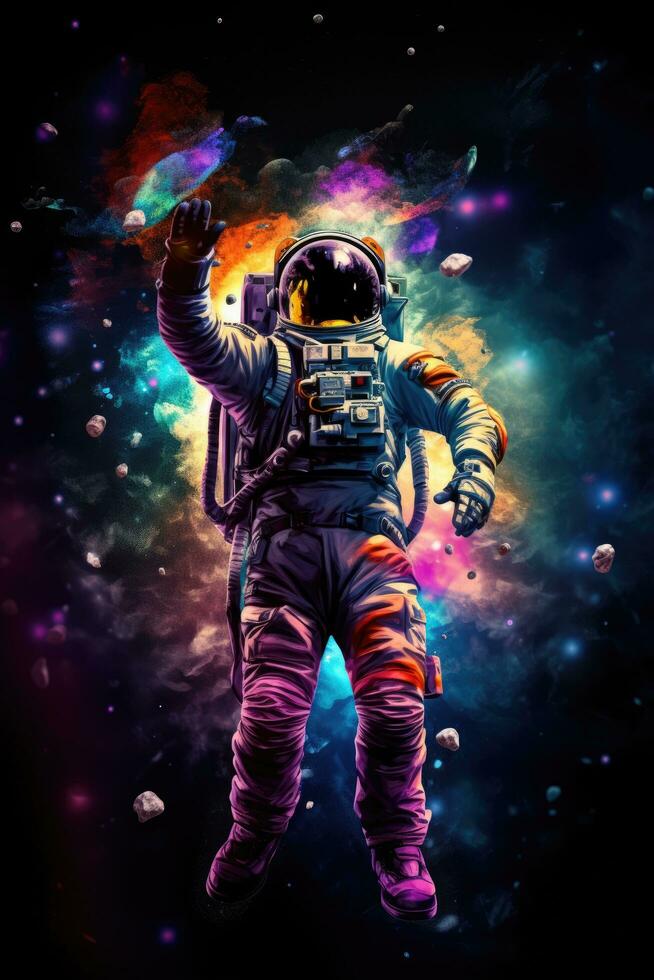 ai generiert Astronaut im lebendig Raum, umgeben durch Sterne und Planeten, Angebot kosmisch Kopieren Raum foto