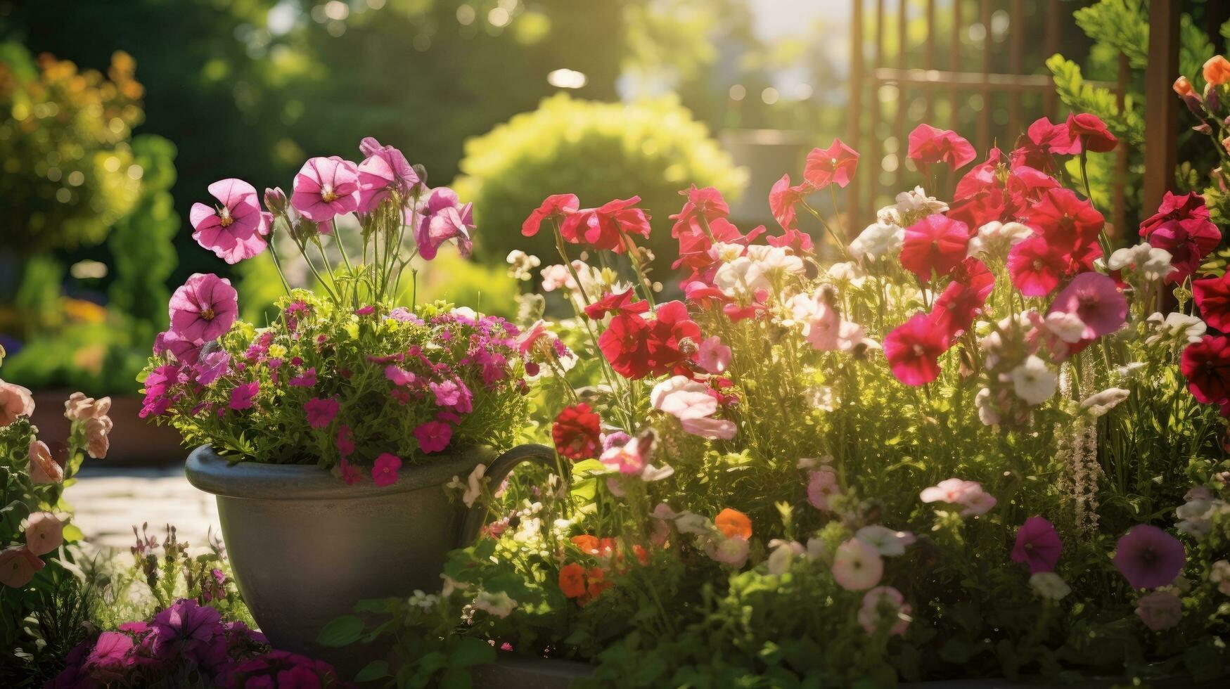 ai generiert lebendig Garten mit beschwingt Blumen, blühend Pflanzen, und reichlich Raum zum Ihre Botschaft foto