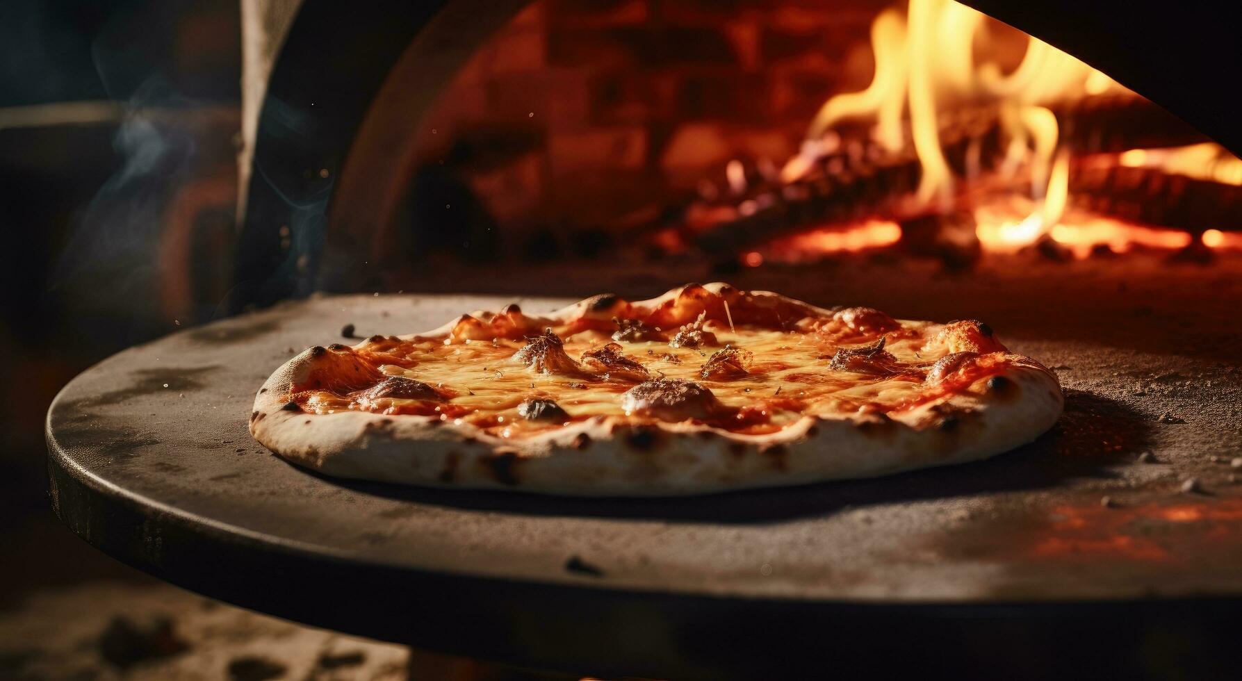 ai generiert ein Pizza Kochen im ein Holz Verbrennung Ofen foto