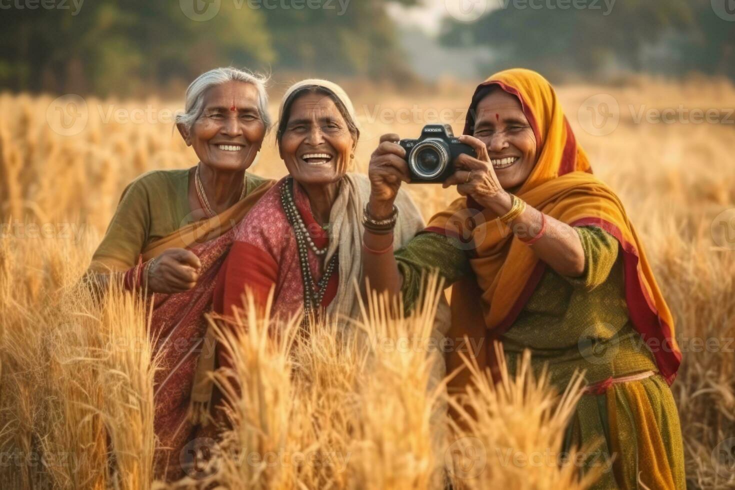 ai generiert indisch Frauen posieren im ein Feld mit ein Kamera foto