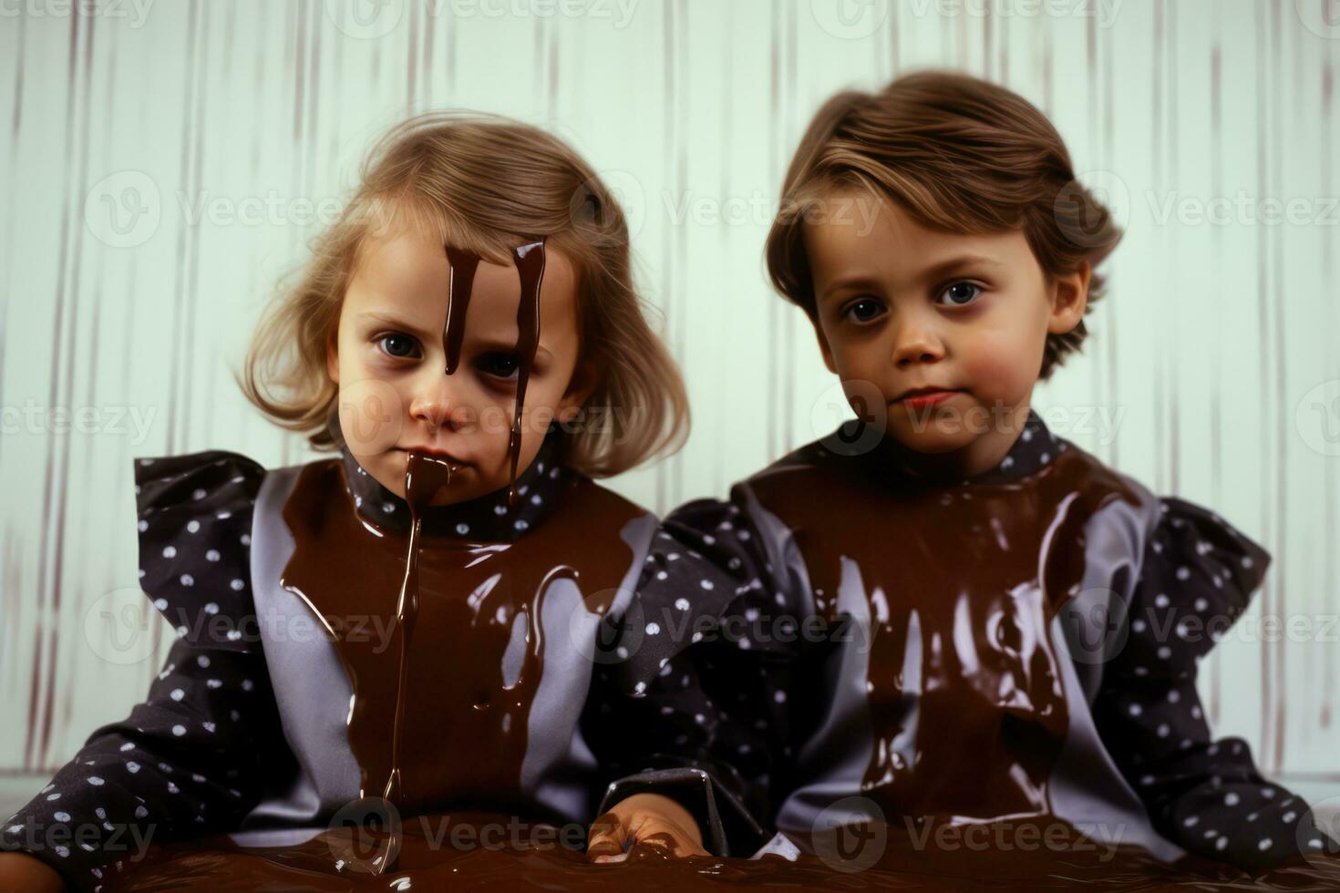 ai generiert Herstellung durcheinander und bekommen Schokolade auf ihr Gesichter foto