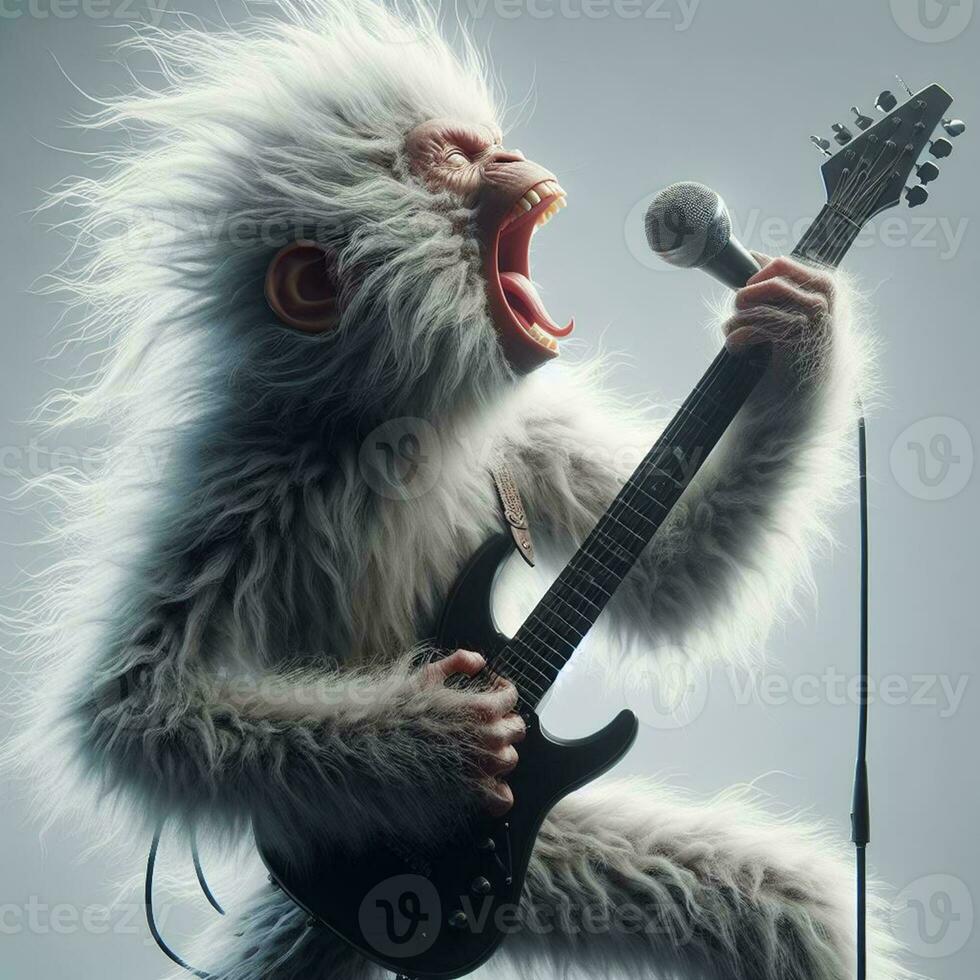 ai generiert Illustration von ein Affe spielen Gitarre, Singen Felsen, generiert durch ai foto