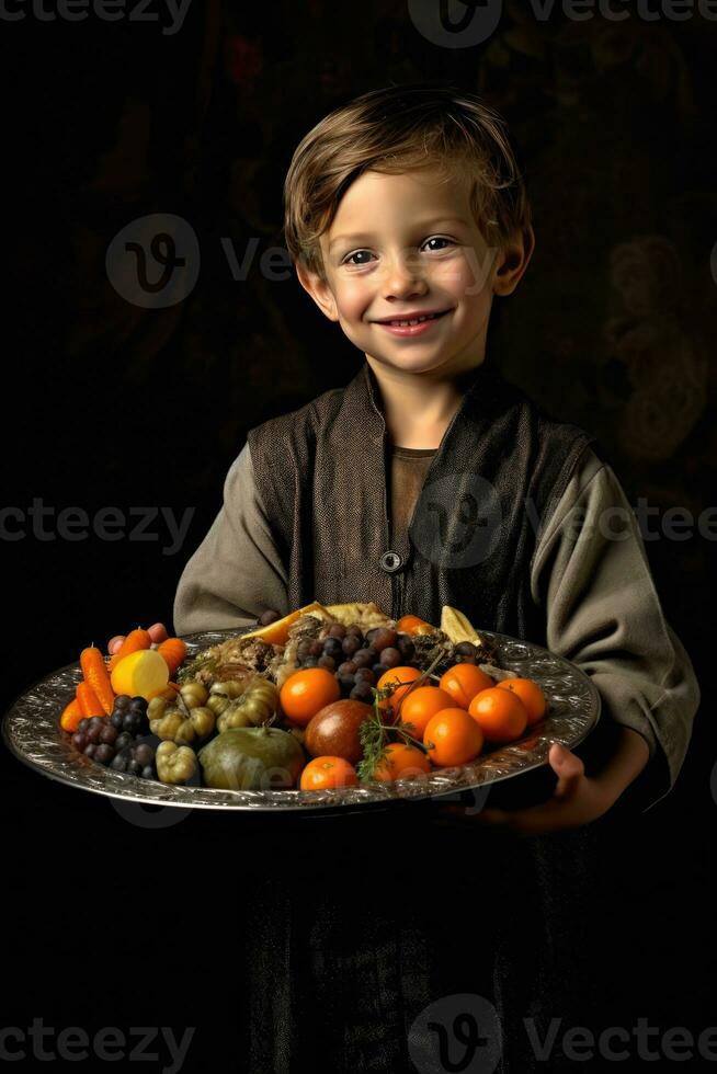 ai generiert ein wenig Junge mit ein Teller von frisch produzieren foto