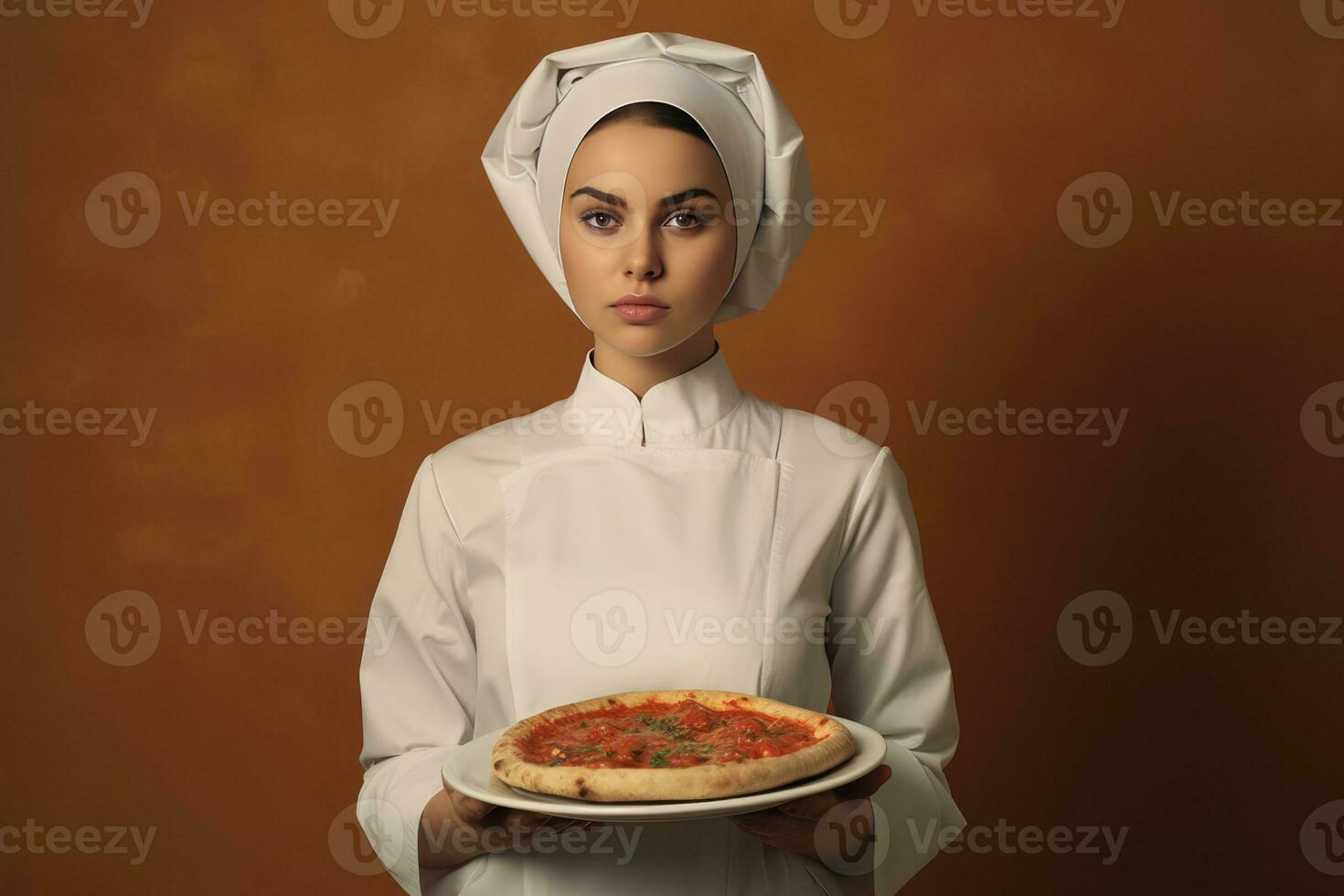 ai generiert köstlich Pizza serviert durch ein Koch im ein Küche foto