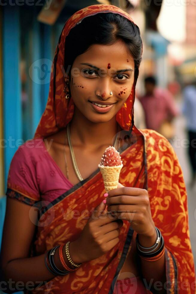 ai generiert indisch Frau mit klassisch Henna Tätowierungen auf ihr Gesicht halten ein kulfi Eis Sahne während lächelnd foto