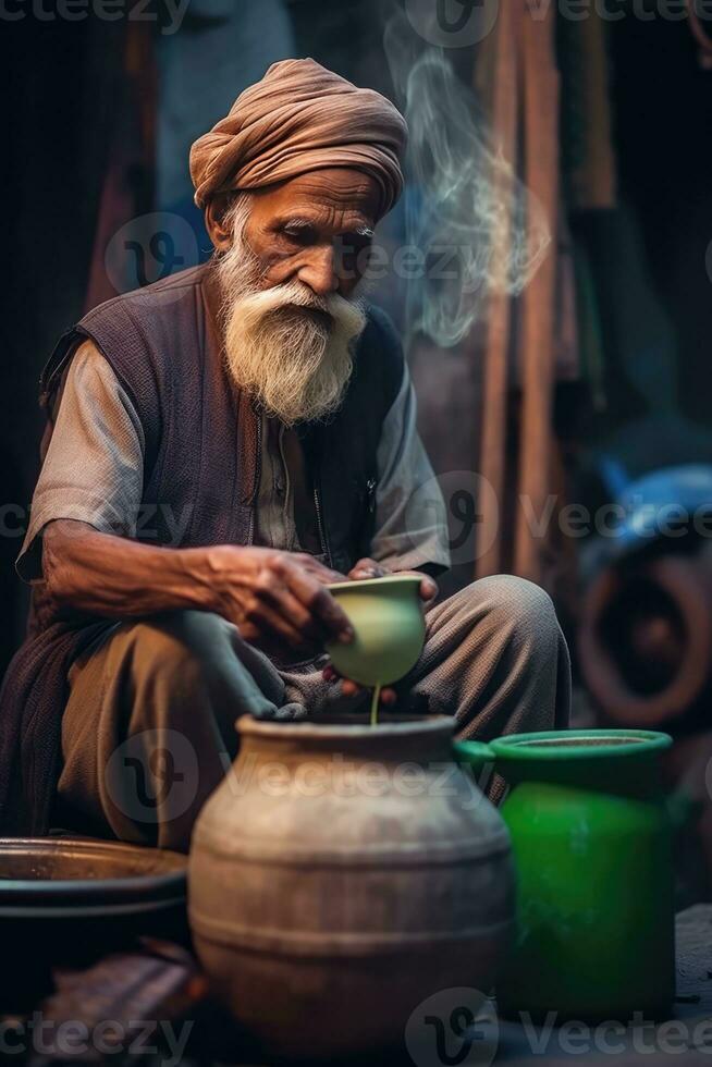 ai generiert ein Mann Herstellung auf Milchbasis Getränk, vielleicht Tee oder Kaffee foto