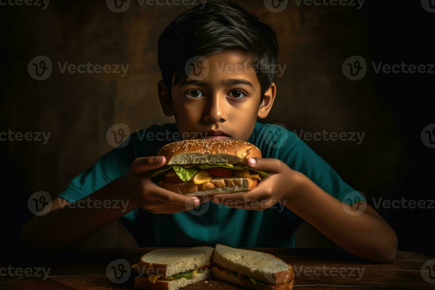 ai generiert ein jung Junge halten ein groß Sandwich foto