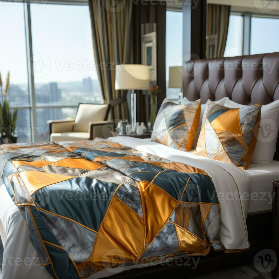 ai generiert Decken auf Matratzen, Stühle und Tabellen sind im das Innere Konzept Haus zum Hotels, Resorts und Luxus elegant Gehäuse, zum ausruhen, entspannend, Schlafen foto