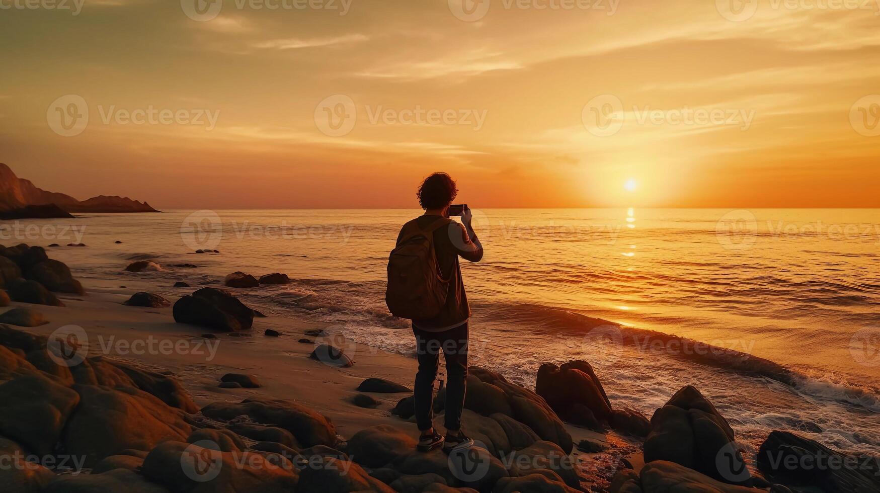 ai generiert Wirklichkeit Foto Mann Fotografieren das Meer und Sonnenuntergang. ein Mann auf das Strand nimmt ein Foto von das Meer beim Sonnenuntergang, ein sehr atemberaubend Aussicht