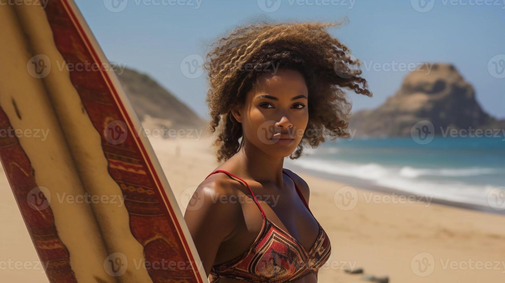 ai generiert Wirklichkeit Foto Frau Surfer Tragen Surfbrett, praia, Santiago während ein sehr sonnig Tag