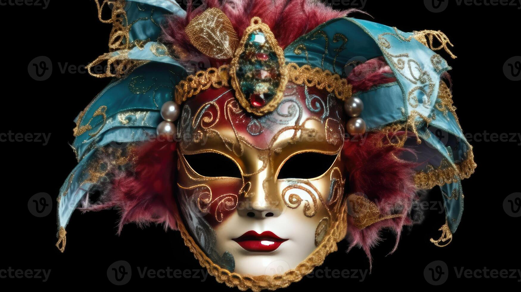 ai generiert diese hoch Auflösung Bild Vitrinen ein luxuriös venezianisch Maske, geschmückt mit beschwingt Gefieder, Perlen, und Gold Akzente, verkörpern das Geist von traditionell Maskerade Bälle. foto