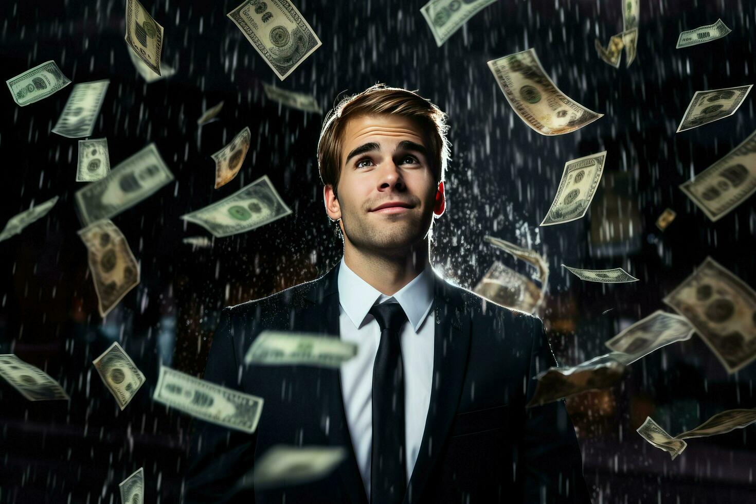 ai generiert Mann Stehen unter Geld Regen. ein Menge von Geld Bank Anmerkungen fallen auf Mann ai generiert foto