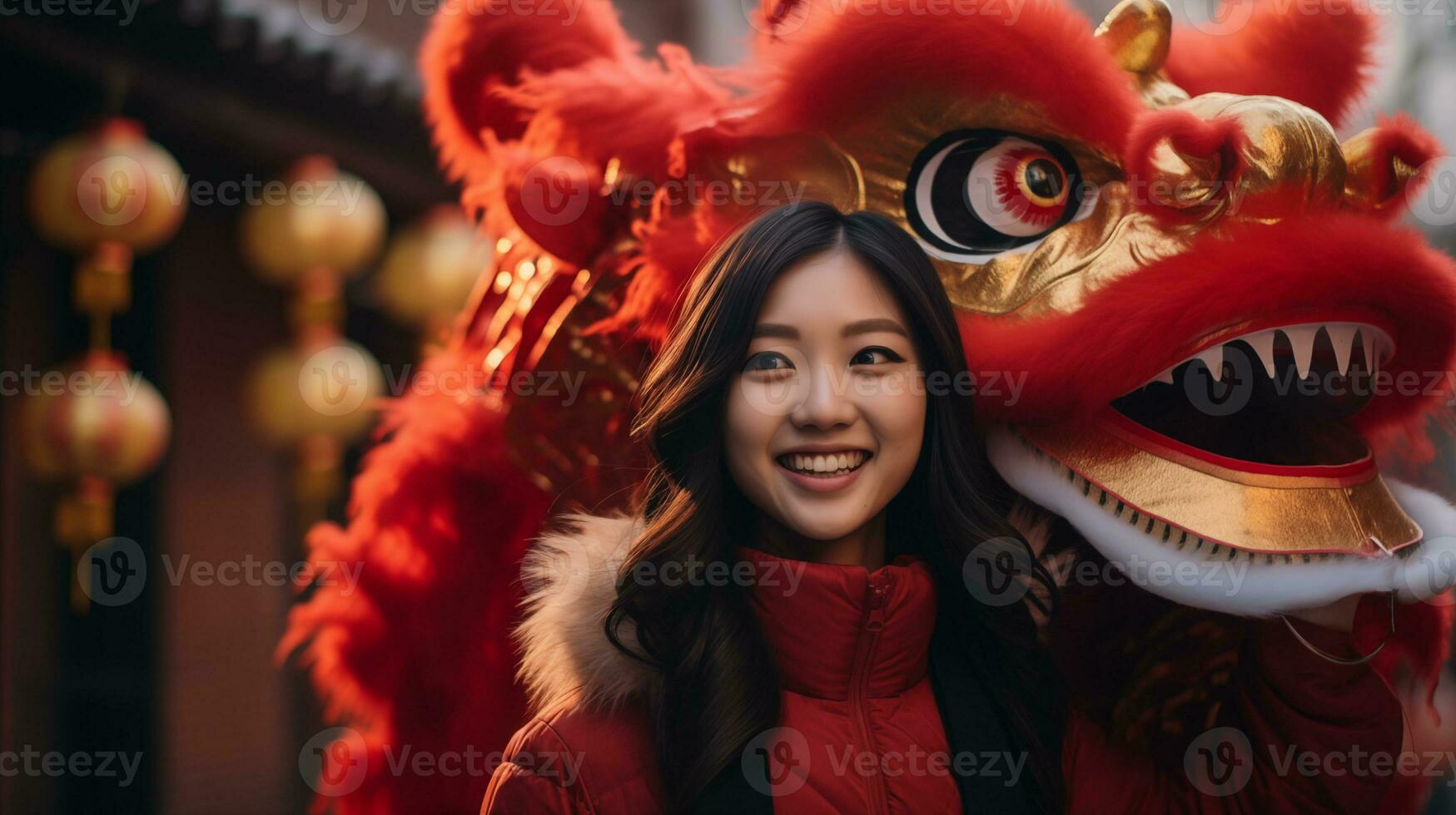 ai generiert asiatisch Mädchen mit Drachen. Chinesisch Neu Jahr Festival. foto