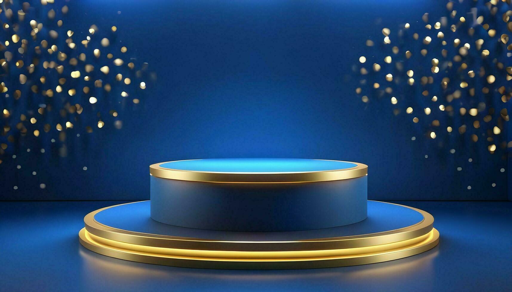 ai generiert leeren Podium golden auf Blau Hintergrund mit Licht Neon- Auswirkungen mit Bokeh Dekorationen. Luxus Szene Design Konzept. Vektor Illustrationen. foto