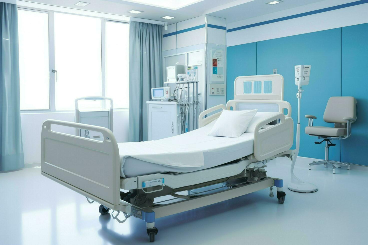 ai generiert Krankenhaus Zimmer mit ein Bett, komfortabel medizinisch Innere von ein leeren Krankenhaus Zimmer und Wiederherstellung Zimmer mit Betten ai generiert foto