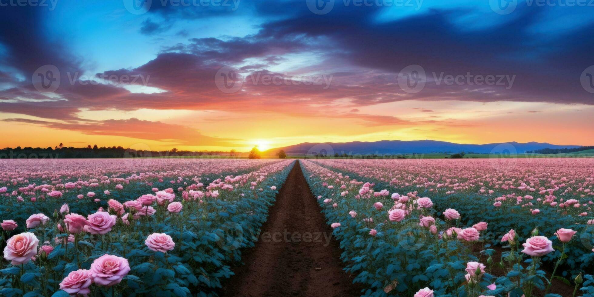 ai generiert Rose Feld im das Sonnenaufgang Morgen mit schön Himmel foto