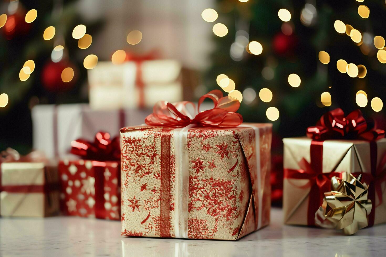 ein Weihnachten Geschenk, Weihnachten oder Geschenk Box Objekte auf Urlaub Stimmung Hintergrund im Winter. fröhlich Weihnachten Konzept durch ai generiert foto