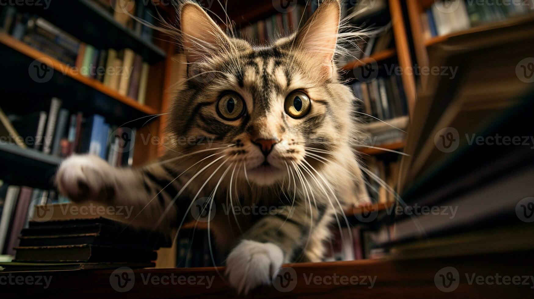 ai generiert Foto von ein boshaft Katze erkunden ein Bücherregal. generativ ai