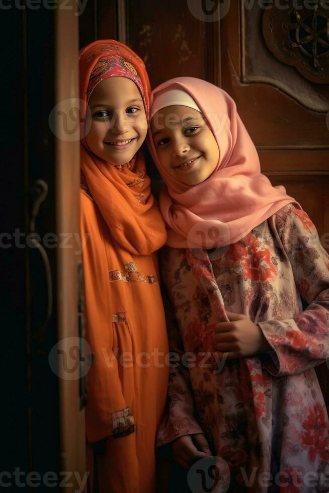 ai generiert zwei jung Mädchen tragen Kopftücher, Stehen und lächelnd in der Nähe von ein Tür foto